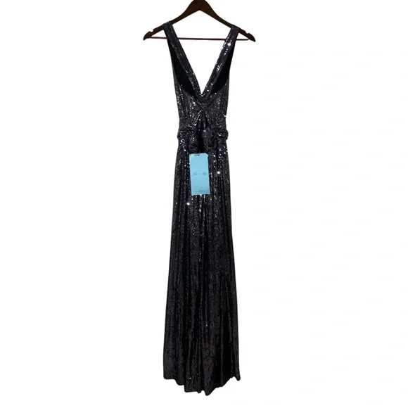 She + Sky Night Silver Sequin Low Cut V-neck Maxi Dress  Homecoming NYE Cruise S - Picture 13 of 13